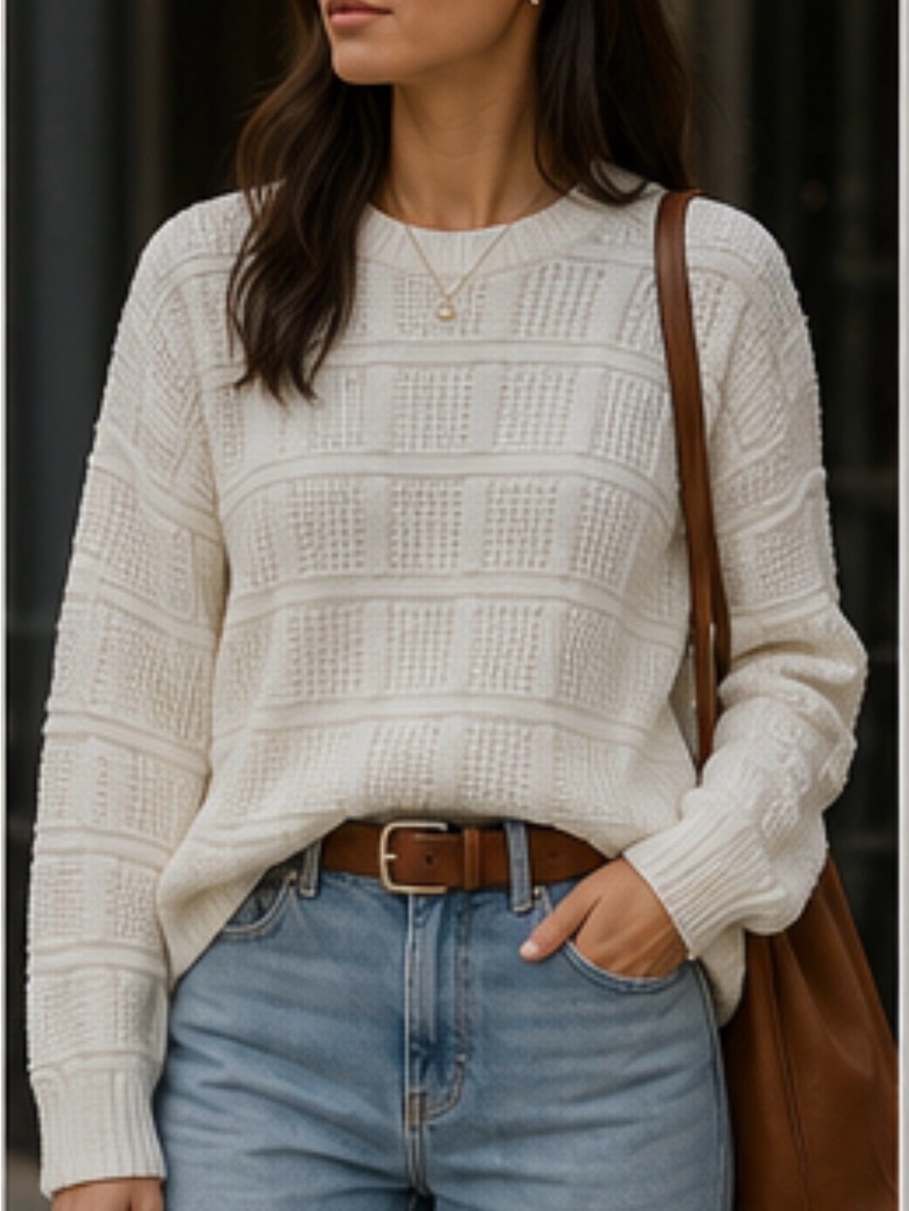 Crewneck Textured Knit Sweater - Cream
